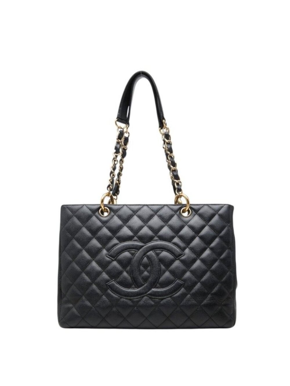 Chanel CC Logo Quilted Grand Shopping Tote GST Chain Shoulder Bag Black Caviar